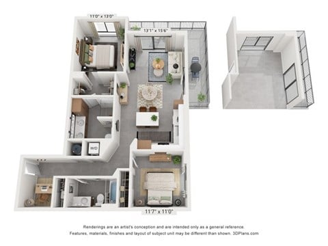 Floor plan for 2 beds, 2 baths, 1130 sqft